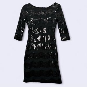 Charlotte Russe Black Sequin Bodycon Mini XS Dress 3/4 Sleeve Night Party Glam